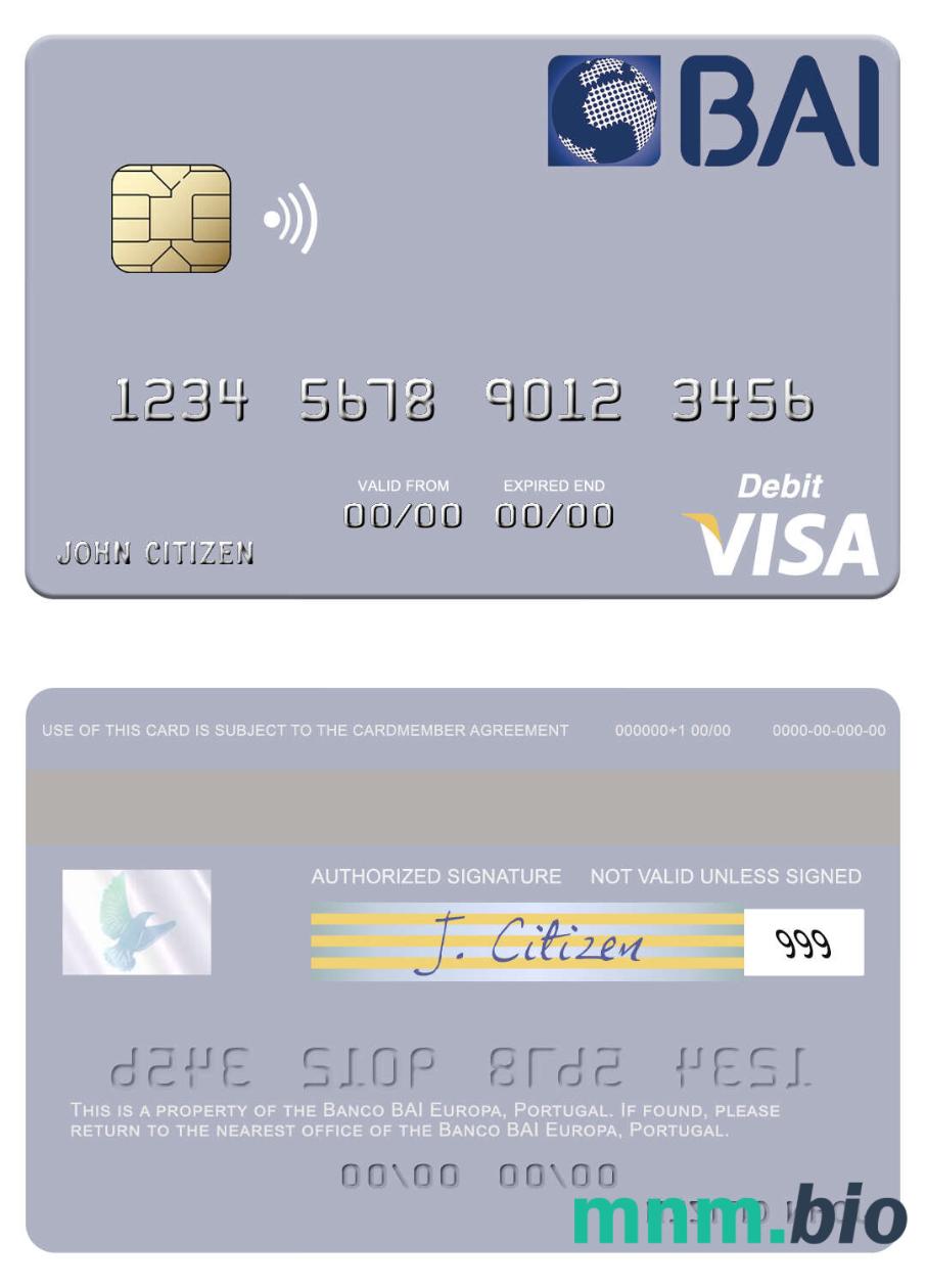 Portugal Banco BAI Europa visa debet karta przykład w formacie PSD